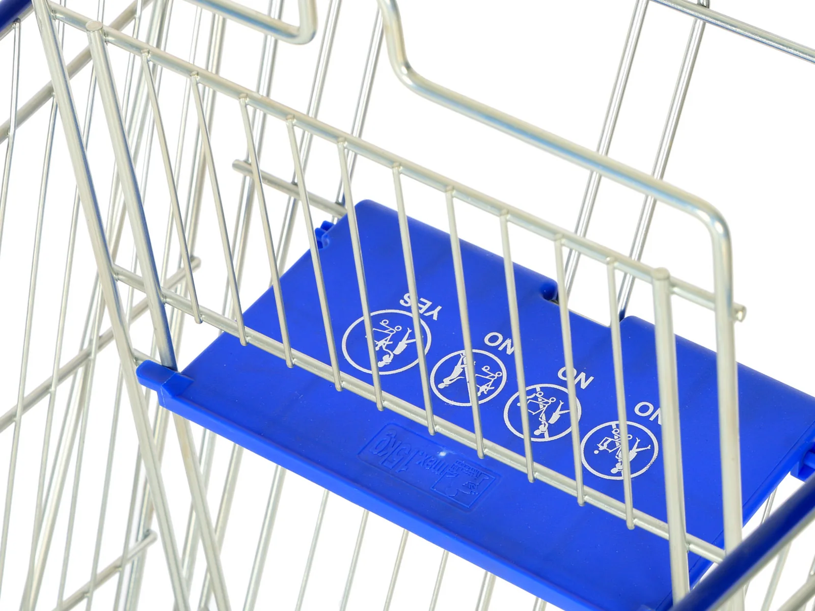 Nesting trolley photographed showing the blue handle, rim trim and child seat