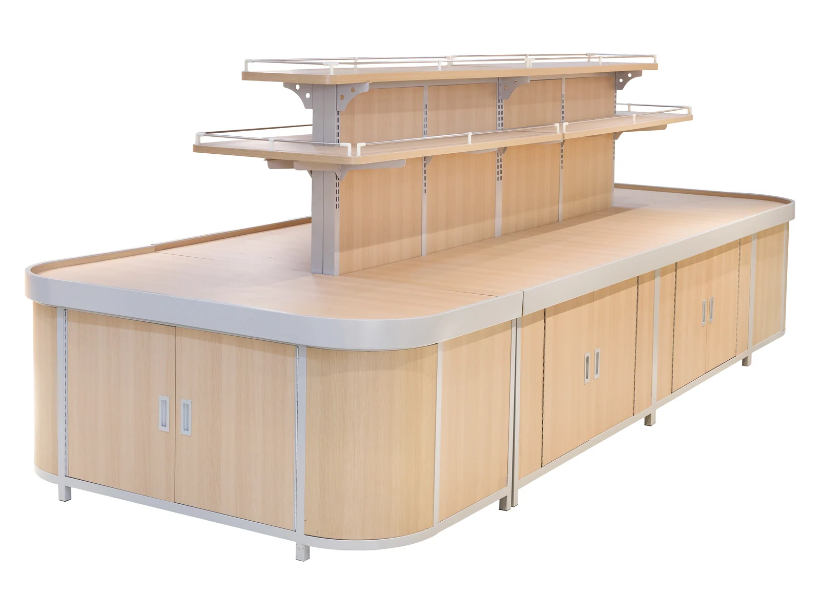 Pale Top Bulk Island with Upper Shelf photographed from the front on a white studio background