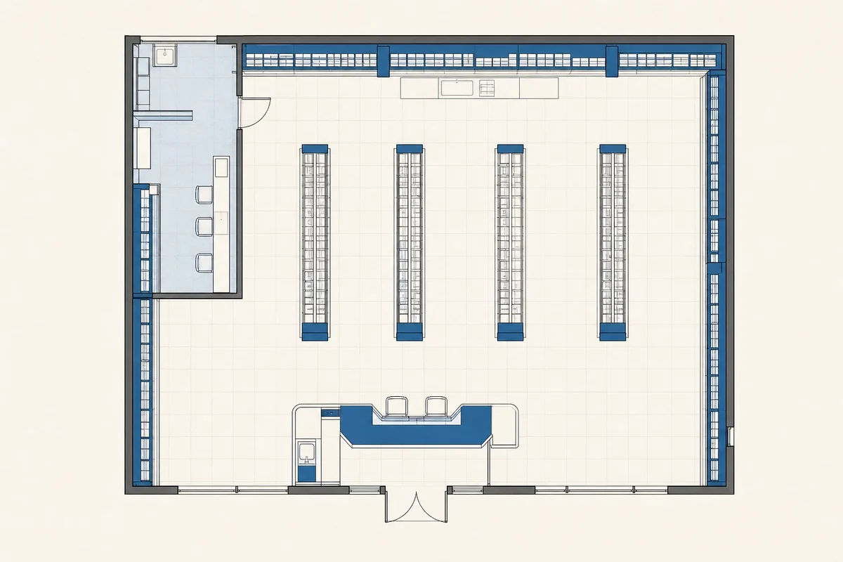 Pharmacy and chain retail floor plan with wall shelving, central low aisles and a service desk