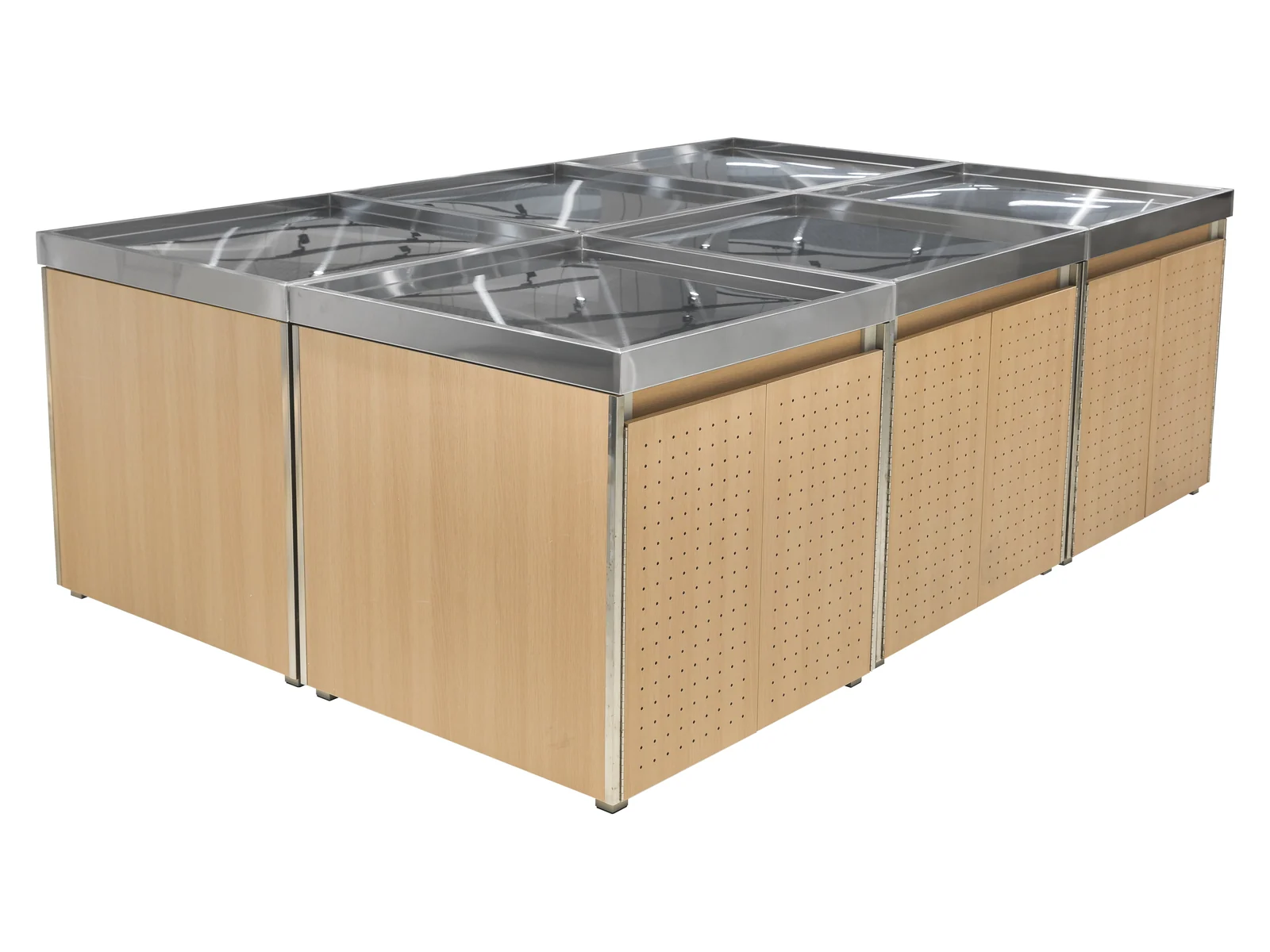 Produce Island with Divided Stainless Trays photographed from the front on a white studio background