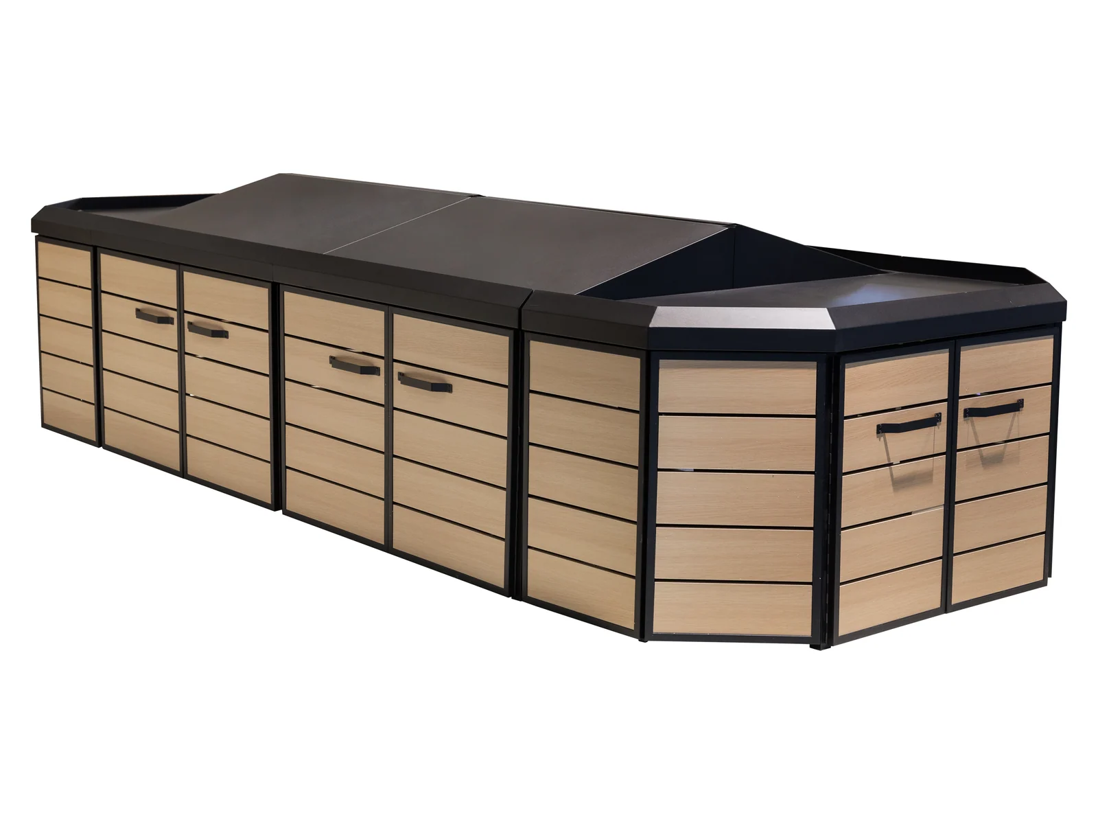 Produce Island Table with Slatted Panels photographed from the front on a white studio background
