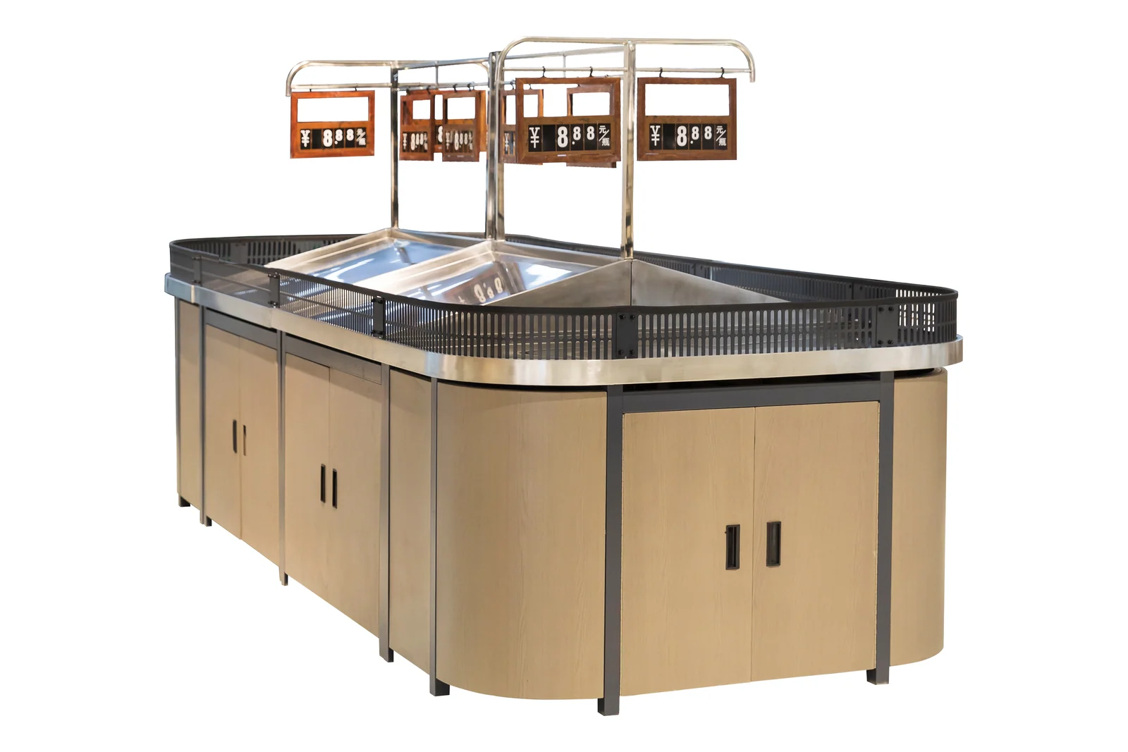 A produce stand with angled tiers and a stainless display surface
