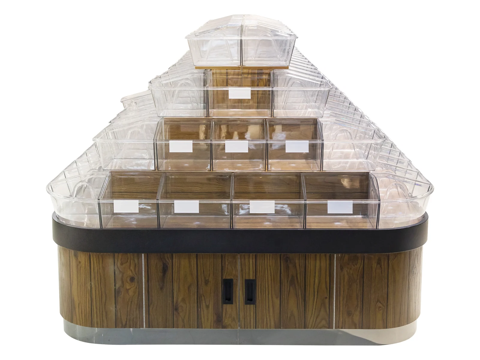 Pyramid Tilt Bin Display Island photographed from the front on a white studio background