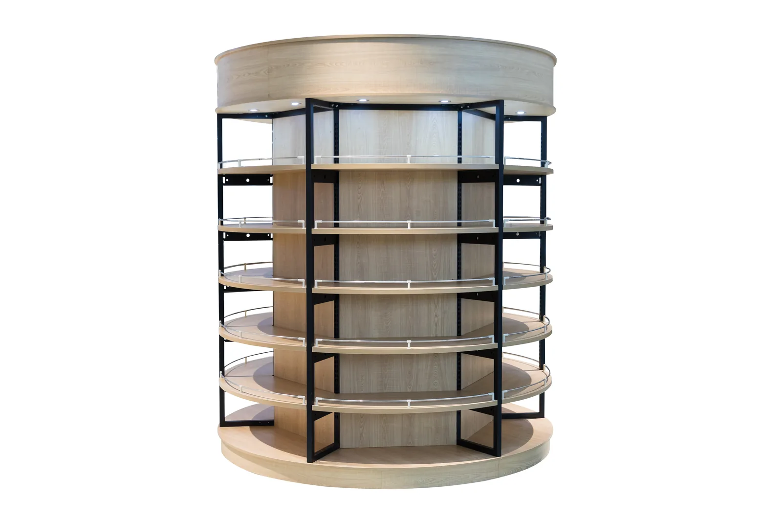Keshun rotating steel and wood display tower with curved timber shelves and chrome front rails