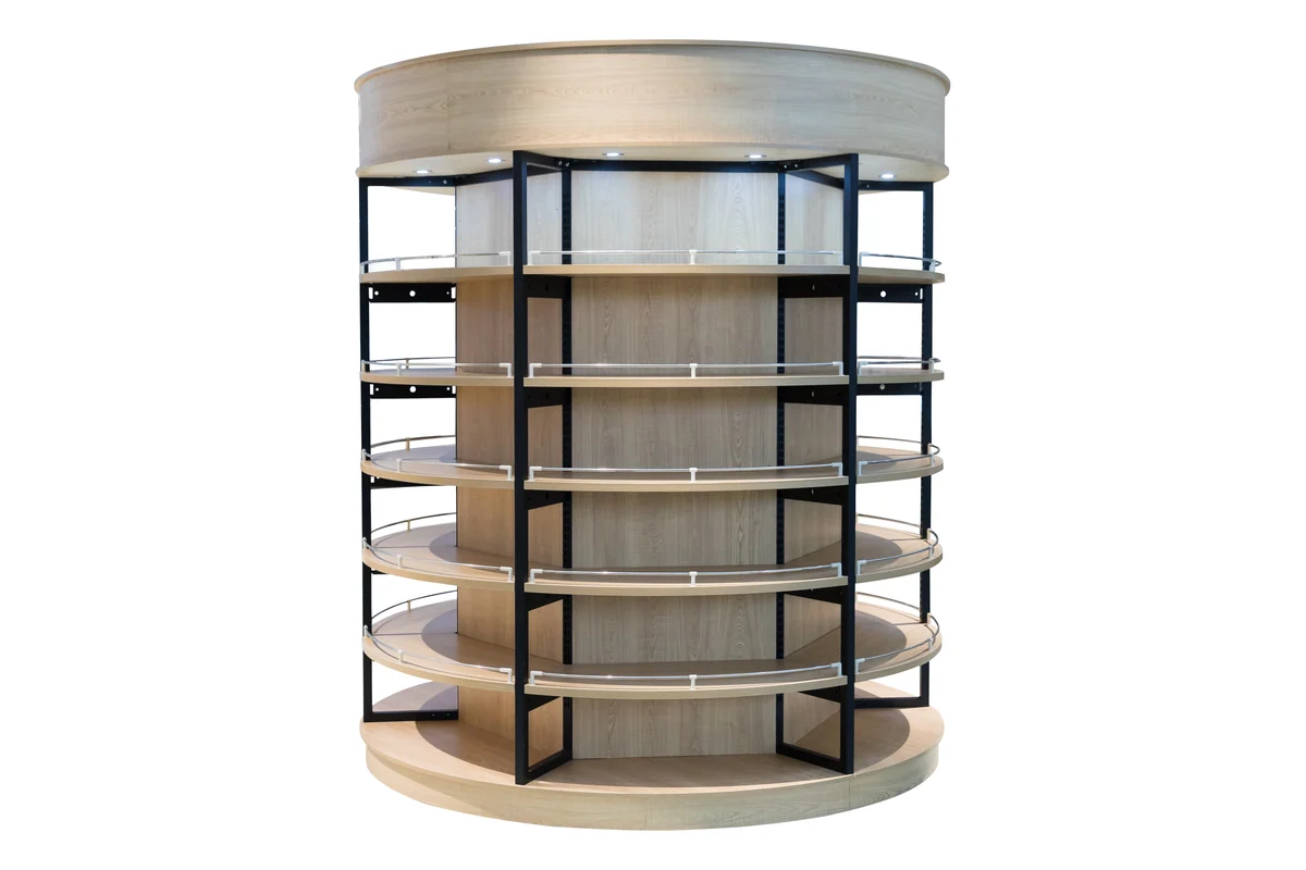 Round steel and wood supermarket display tower with curved timber shelves in a black frame