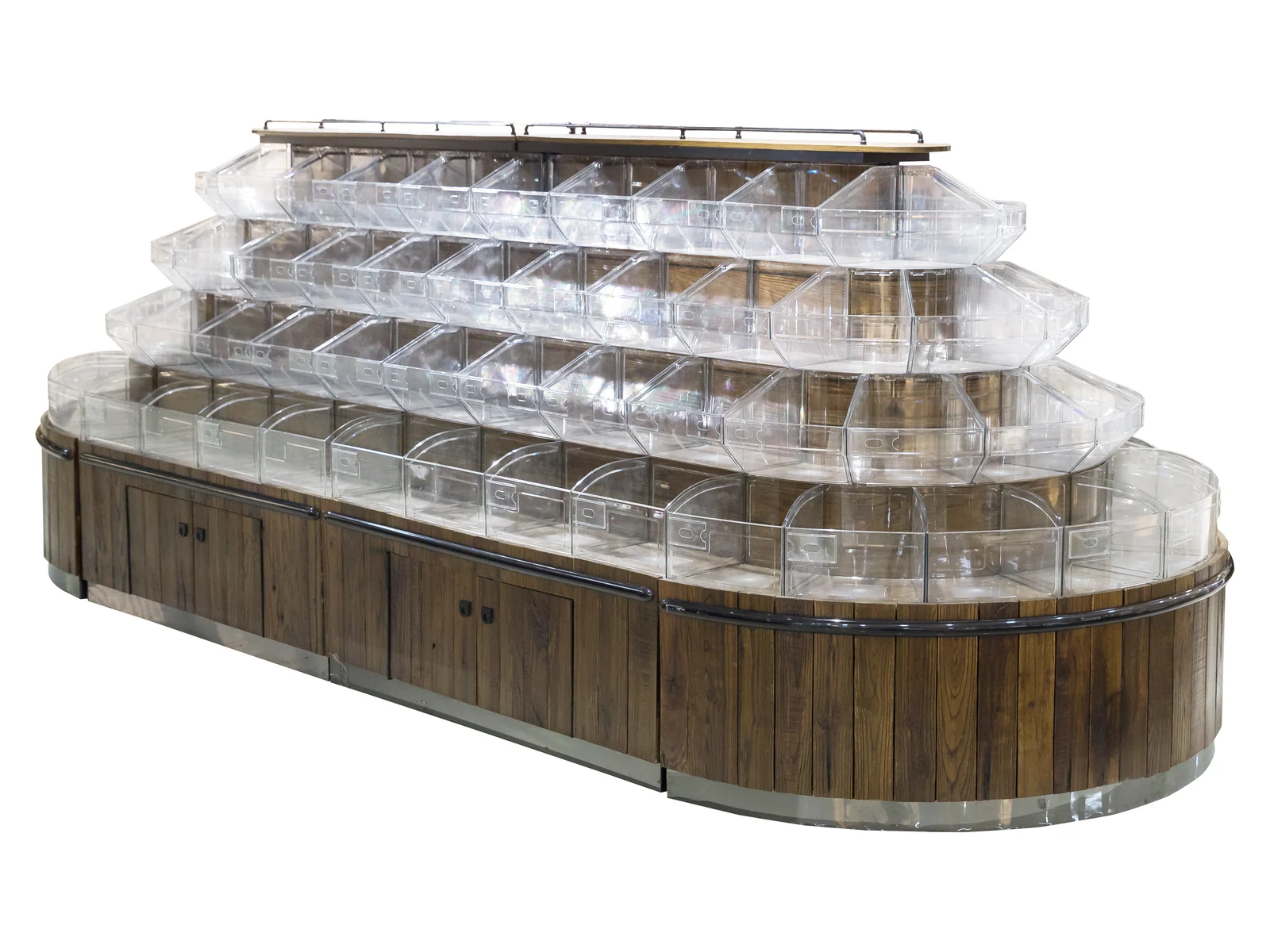Round Tiered Bin Tower for Loose Goods photographed from the front on a white studio background