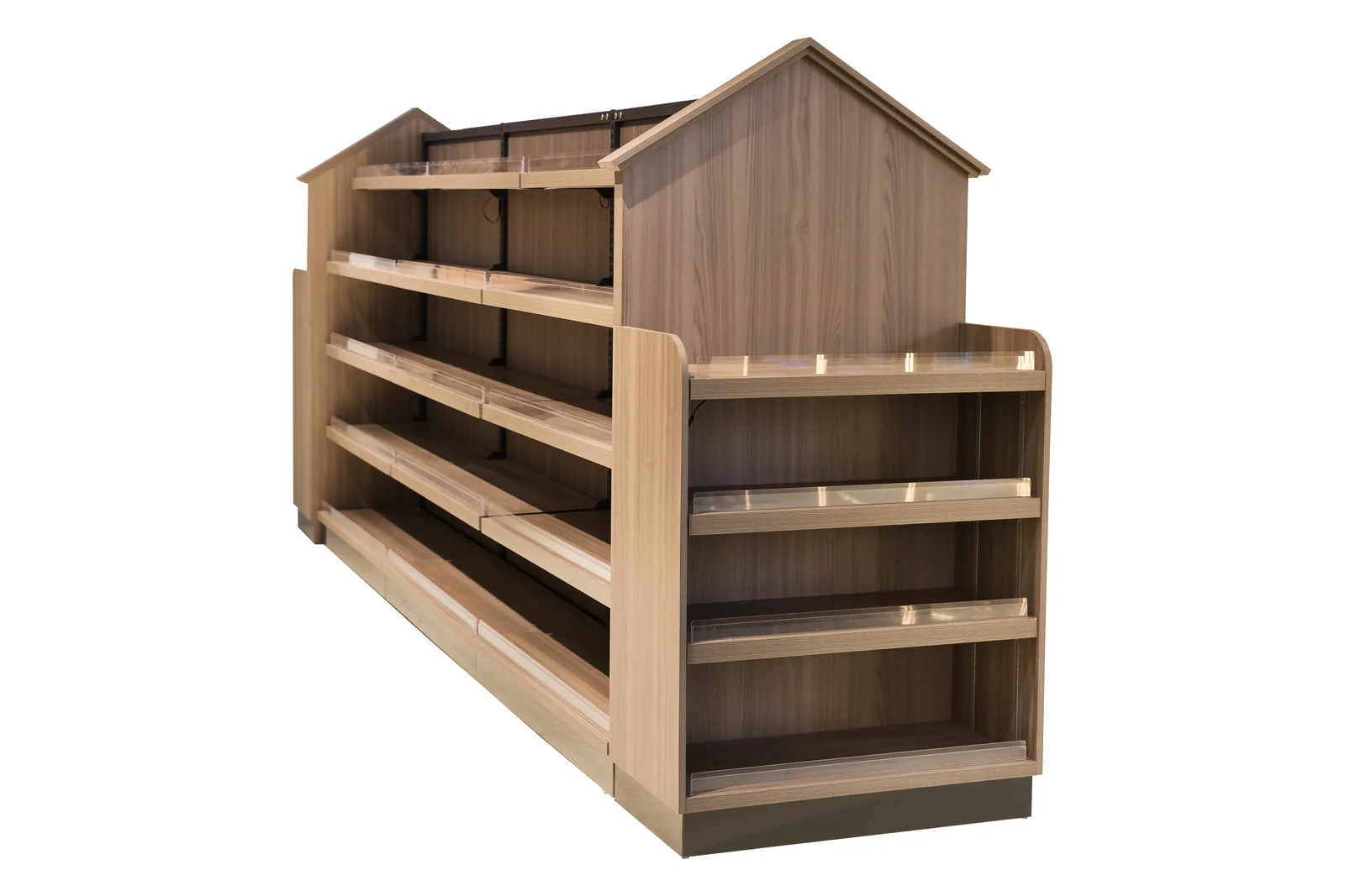 A run of steel and wood bays with the shelf pitch set for tall packaged lines
