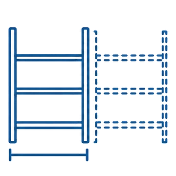 One shelving bay drawn solid beside an identical dashed bay, showing the module repeating along an aisle