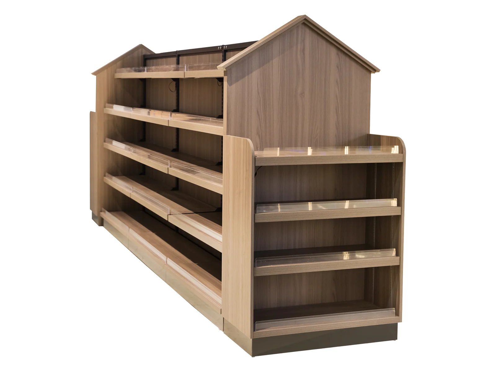 Shelving Bay with Pitched House Header photographed from the front on a white studio background