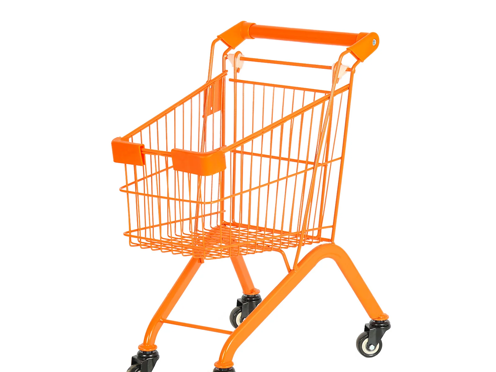 Small orange frame trolley photographed from the side showing the compact basket