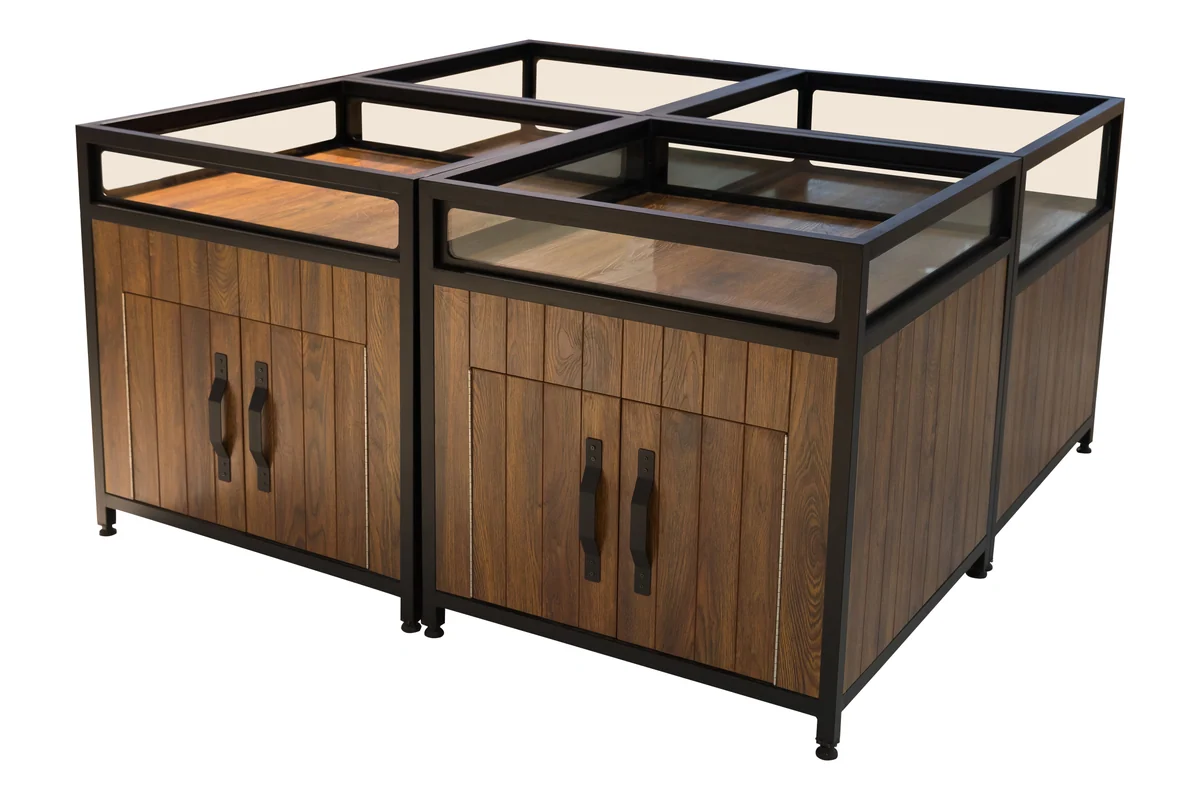Square four-sided glazed supermarket dry goods cabinet in a black frame over a timber carcase