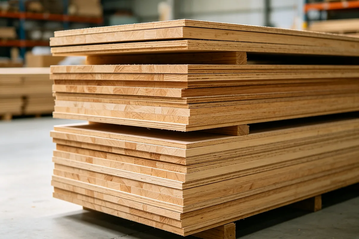 Stacked board stock in the Keshun woodworking shop, waiting to be cut for wooden store fixtures