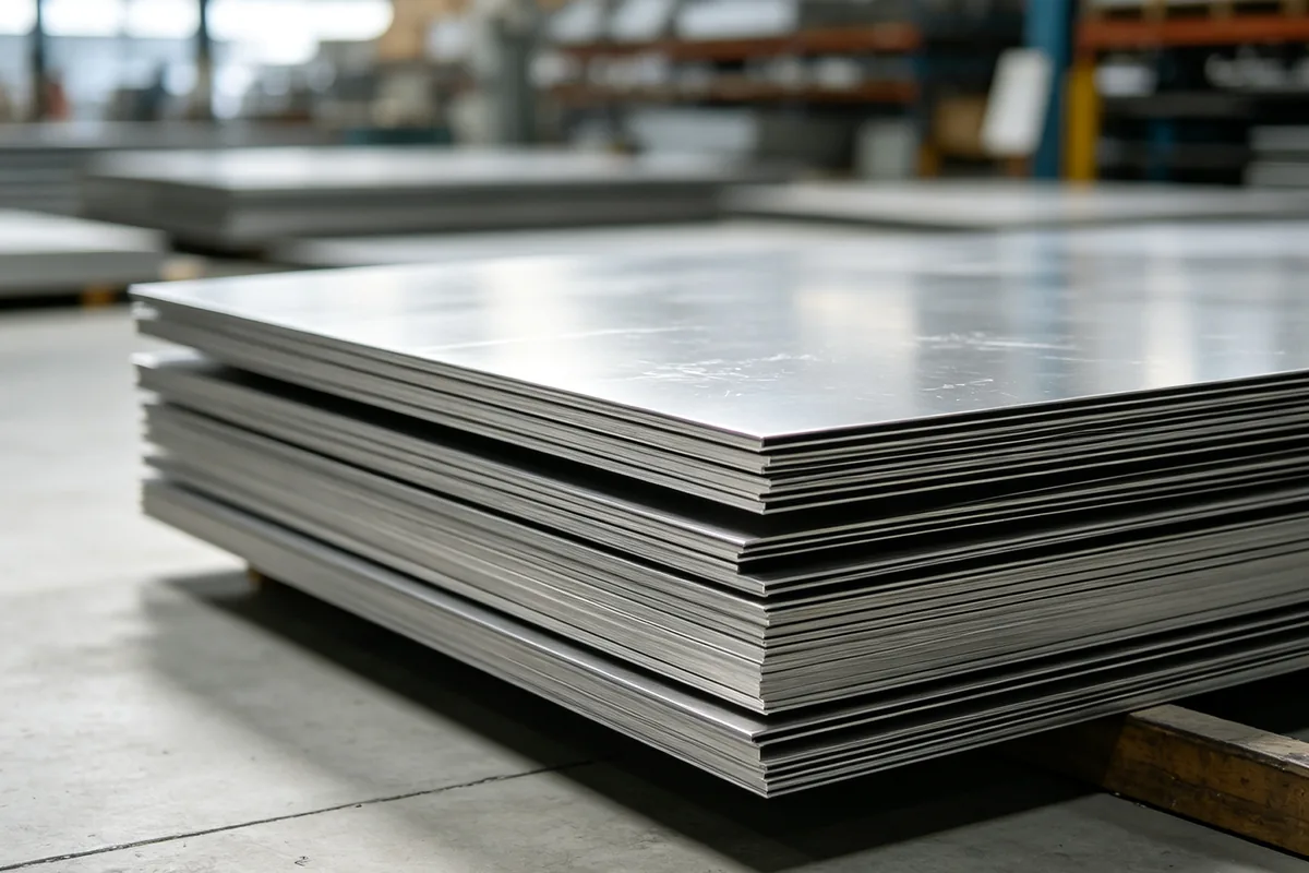 Stacked stainless steel sheet in the Keshun stainless workshop, cut to size for fresh-food equipment
