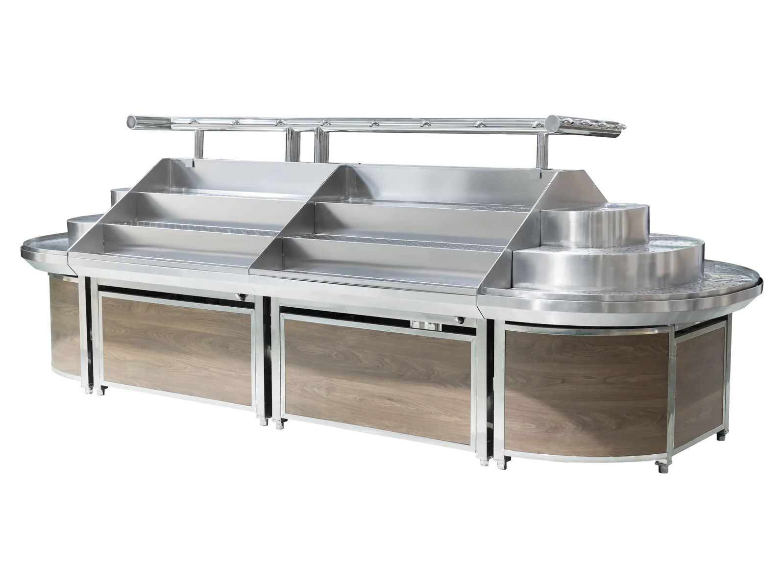 Stainless Produce Island with Overhead Rail photographed from the front on a white studio background