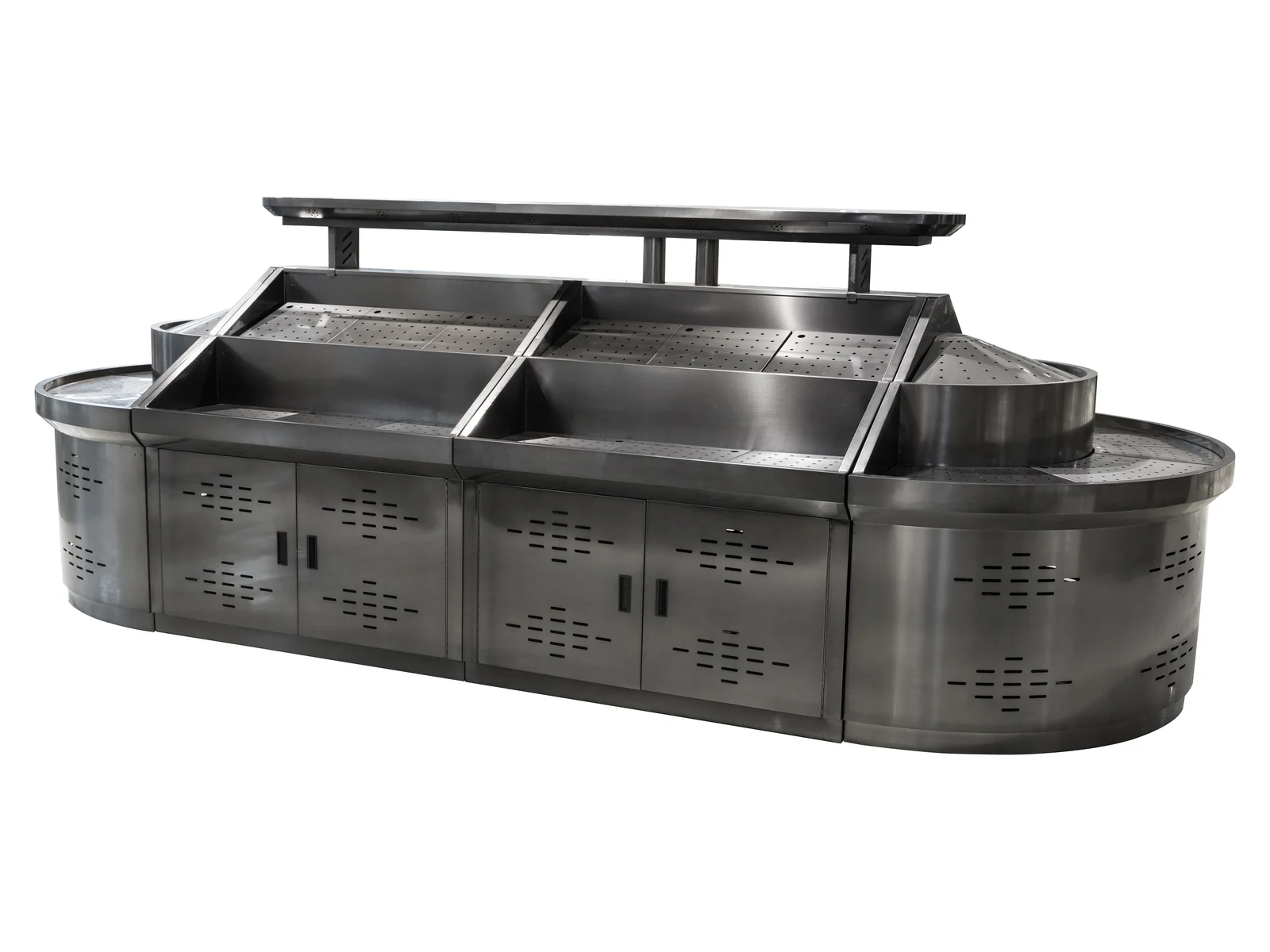 Stainless Produce Island with Wells and Bowl photographed from the front on a white studio background