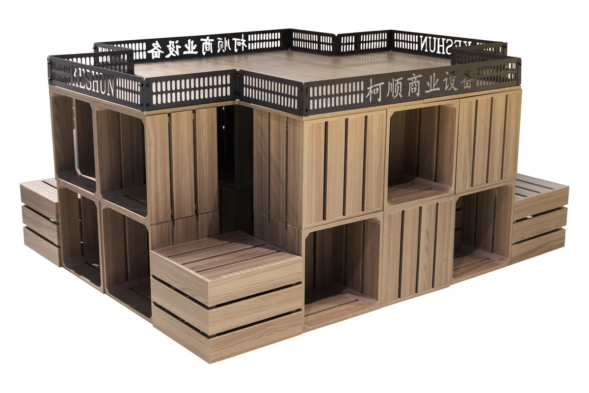 Supermarket bulk food scenario display built from stepped open timber crates under a tall signage header