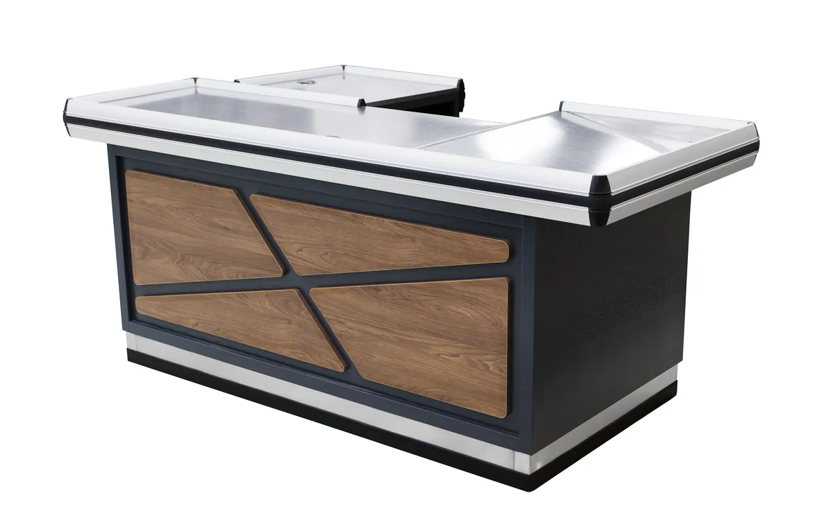 Supermarket cash counter with a timber panelled front, stainless worktop and packing end