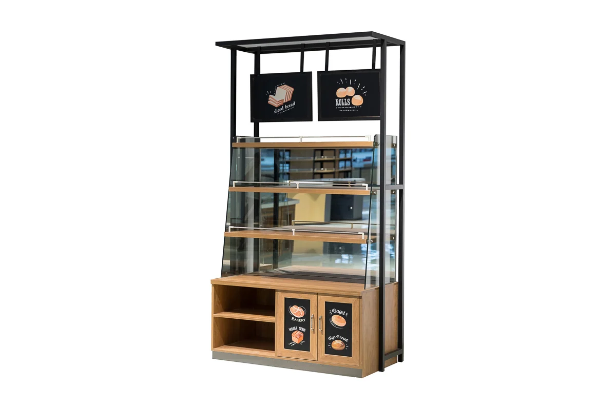 Tall black framed bakery display cabinet with glazed tiers over timber storage and chalkboard panels