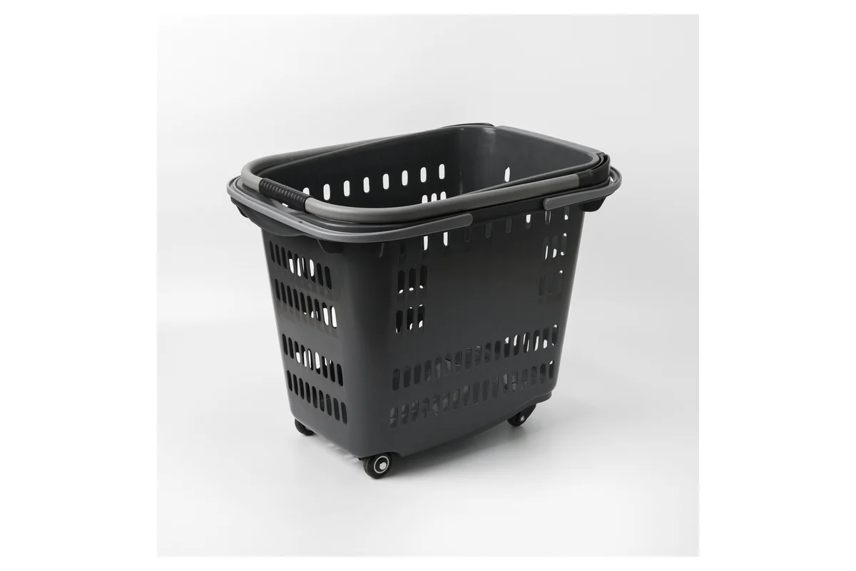 Tall black supermarket rolling shopping basket with a narrow wheeled base