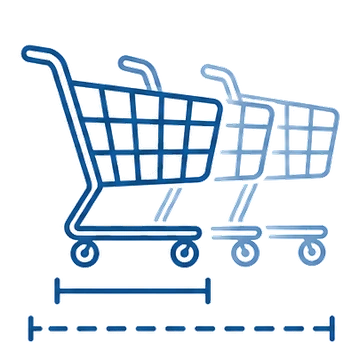 Three shopping trolleys nested into one another, with brackets comparing the nested footprint against the full length