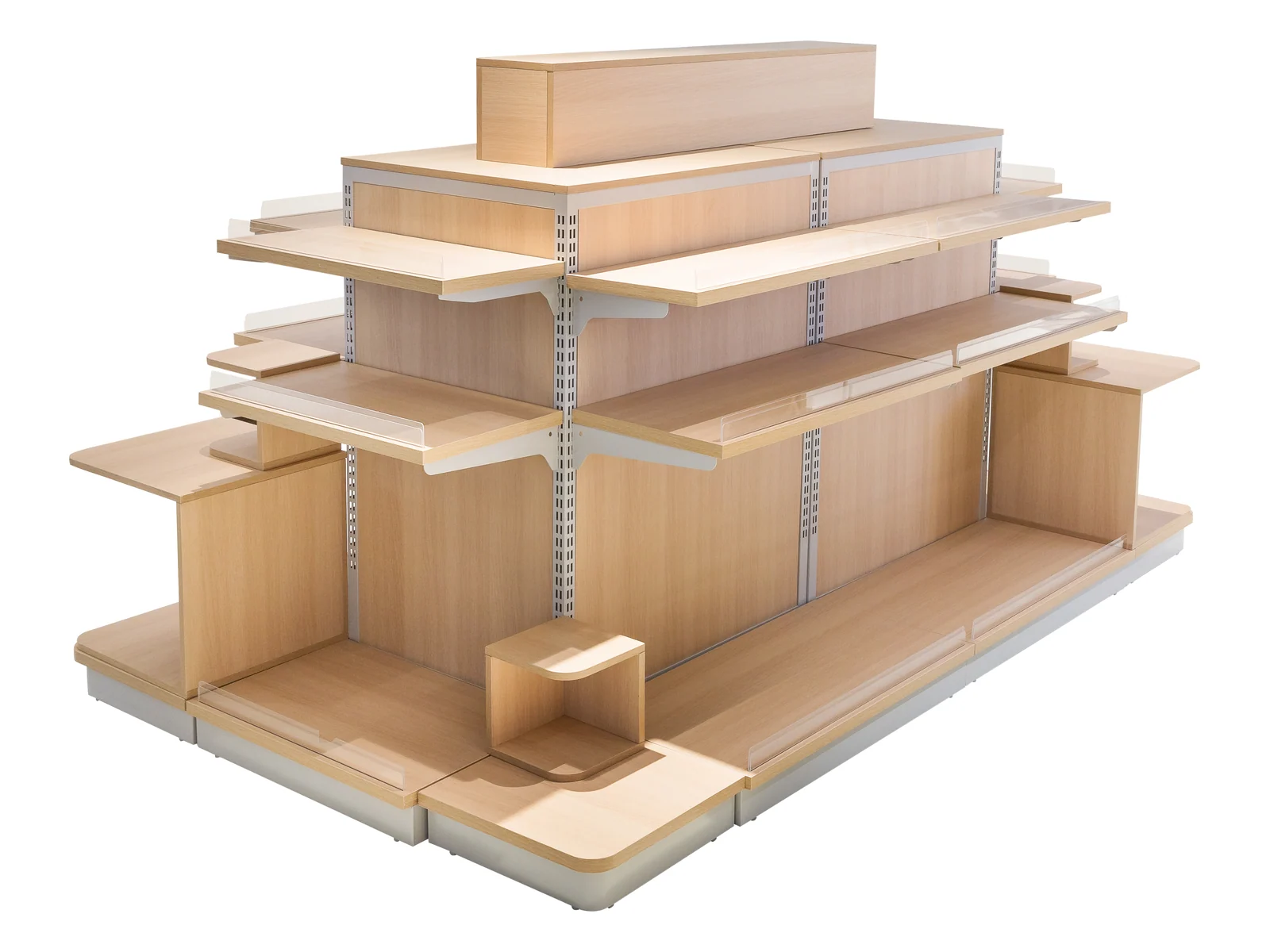 Tiered Promotional Display with Angled Shelves photographed from the front on a white studio background