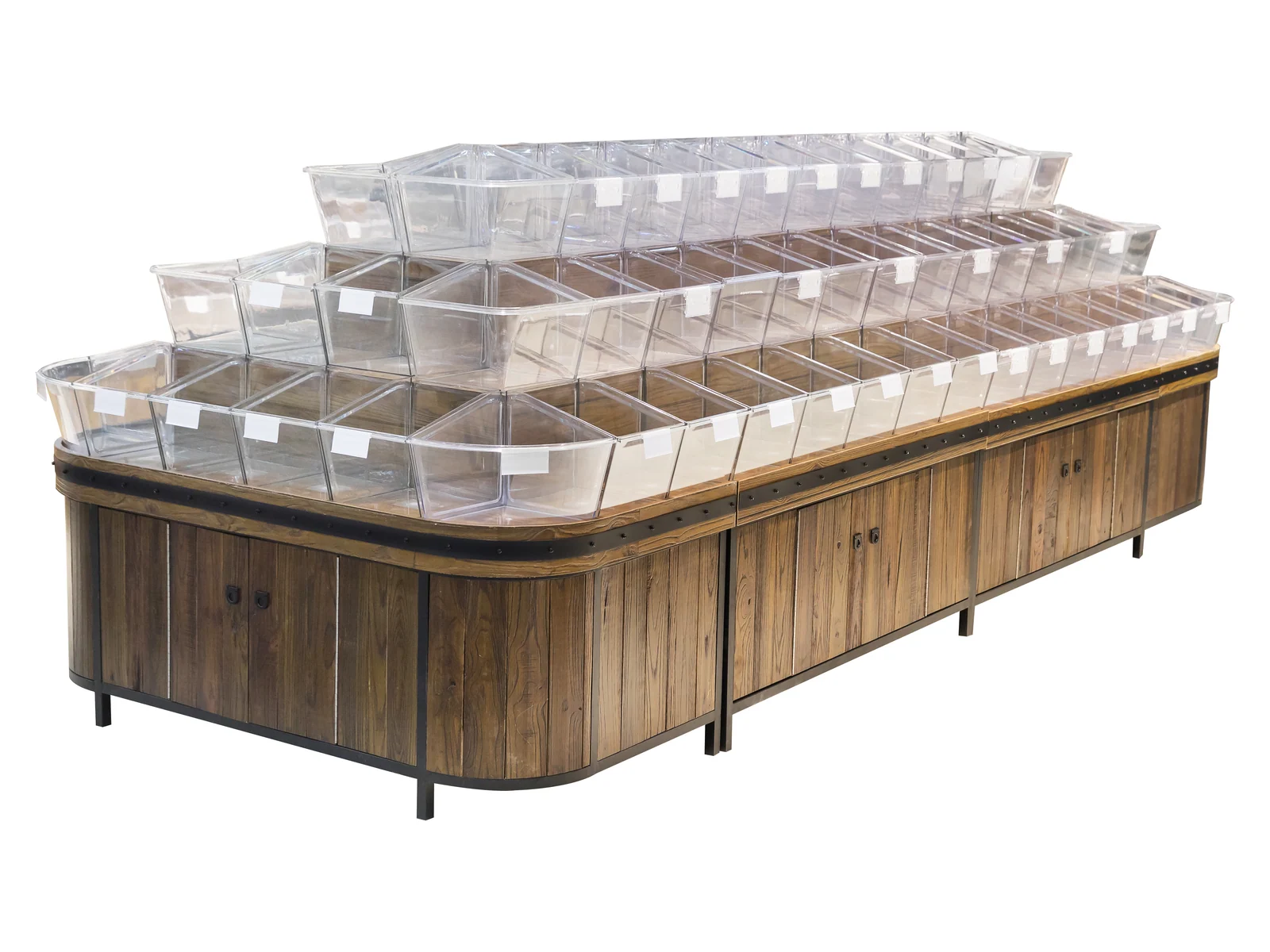 Tiered Tilt Bin Island for Bulk Foods photographed from the front on a white studio background