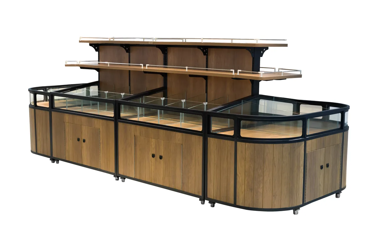Timber clad bulk food cabinet island with a glass guard rail in a supermarket dry goods aisle