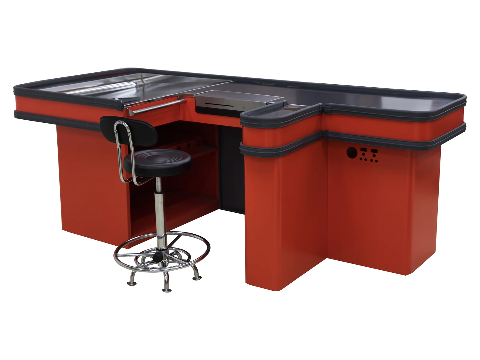 Twin Wing Checkout Counter with Cashier Seat photographed from the front on a white studio background