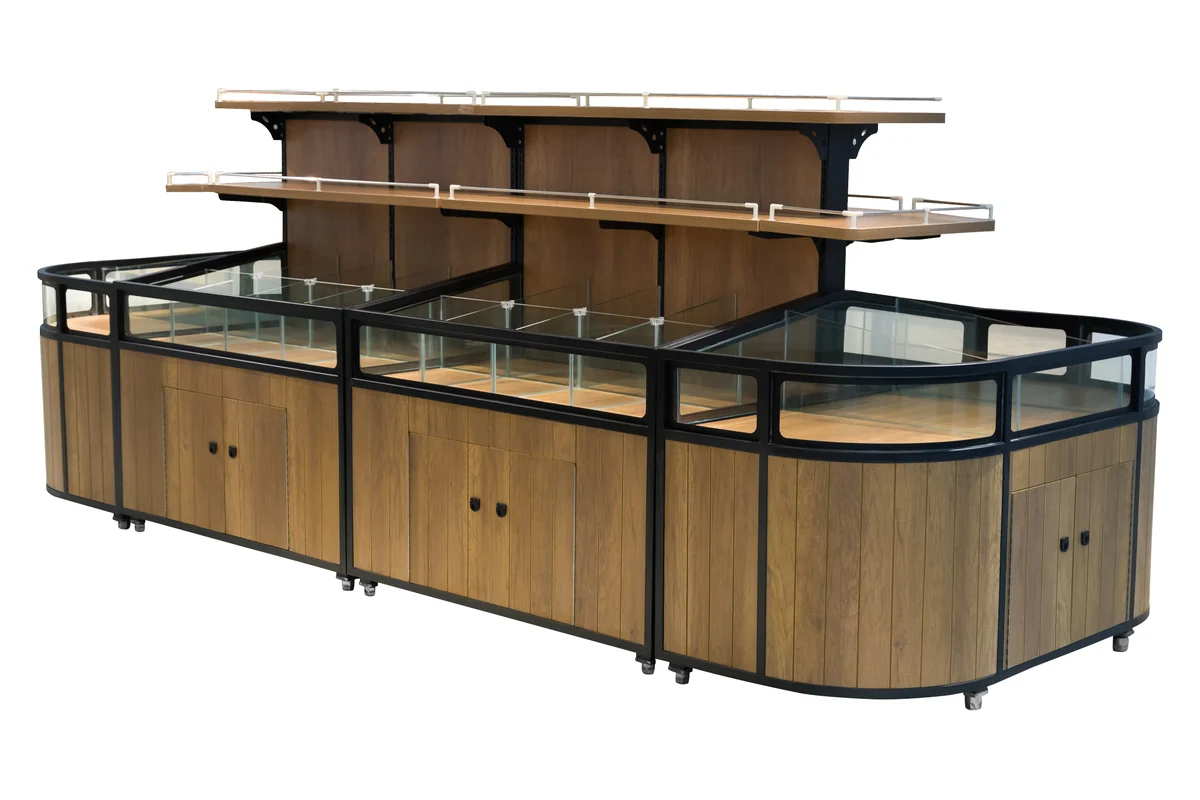 Two-level supermarket dry goods island with glazed rails over a timber base cabinet