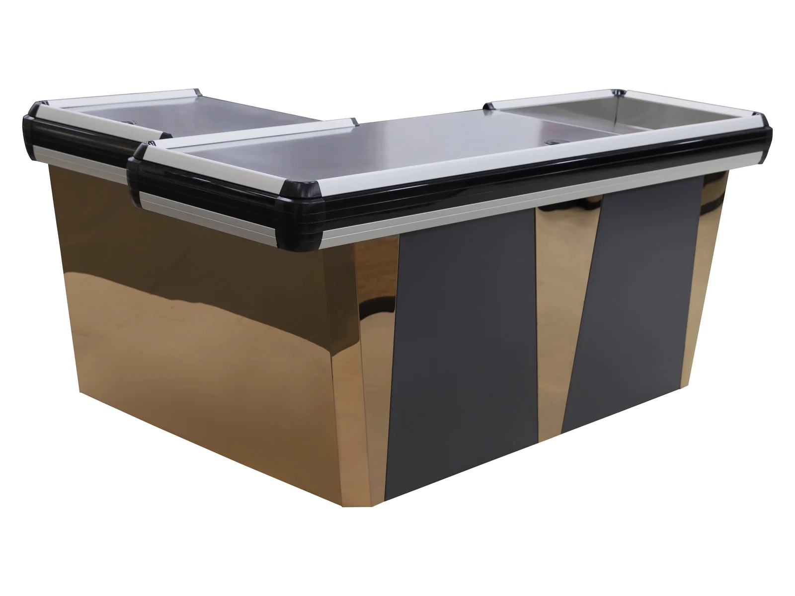 Two-tone tan and dark supermarket cashier counter with a mirror polished stainless top, seen from the front left