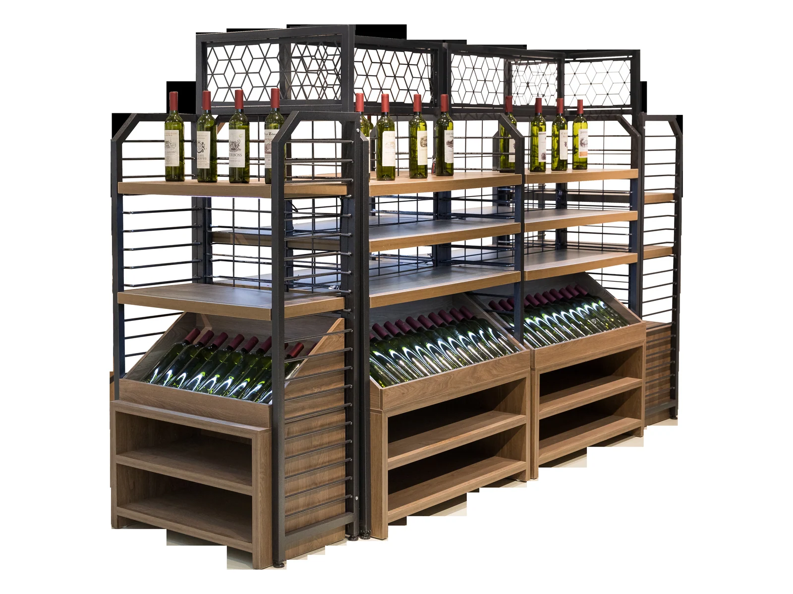 Wine Display with Angled Shelves and Fretwork photographed from the front on a white studio background
