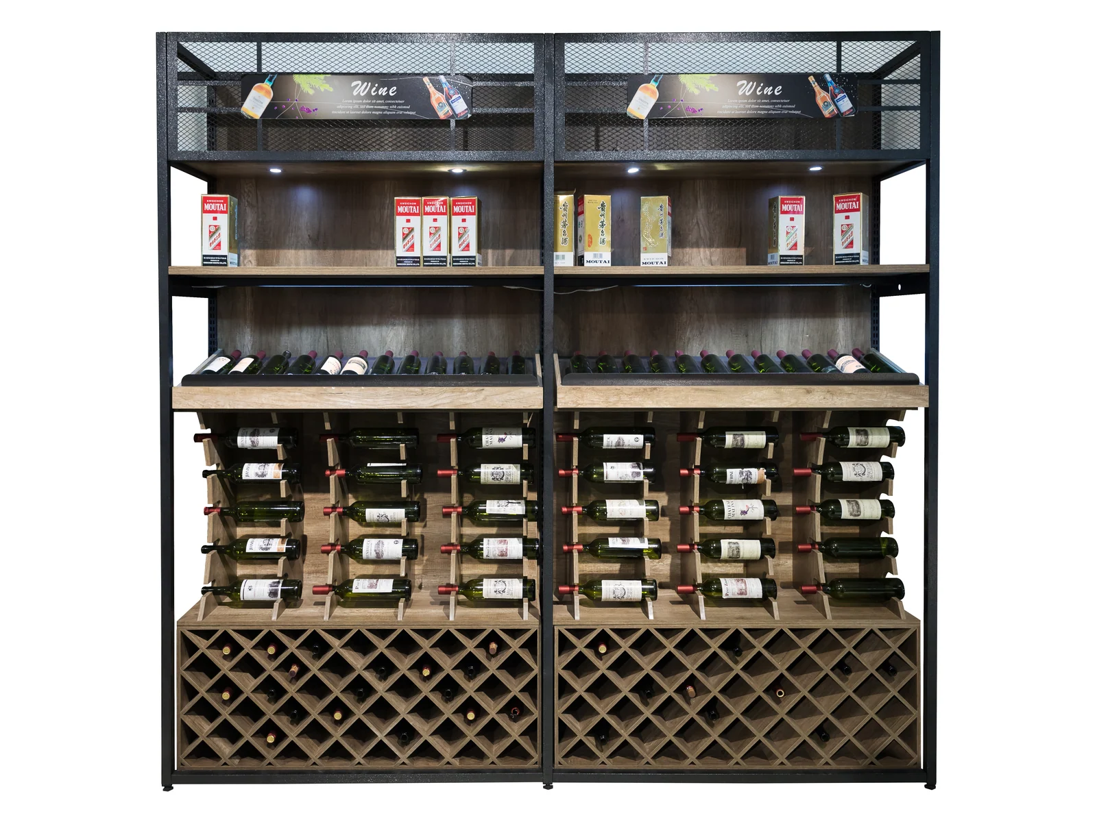 Wine Wall with Diamond Lattice and Lit Shelves photographed from the front on a white studio background