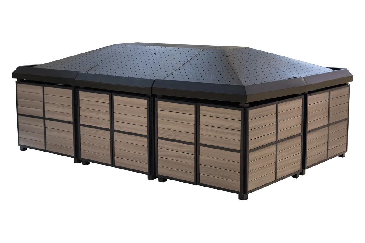 Wooden supermarket vegetable rack with slatted timber flanks and a dark display deck