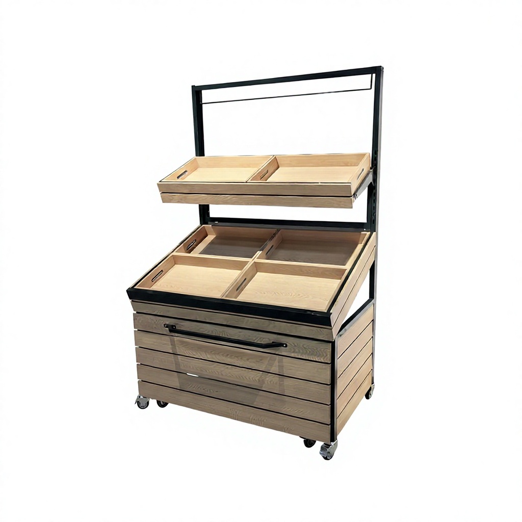 2-Tier Mobile Bakery Display Rack with Wood Grain Trays & Storage Drawer