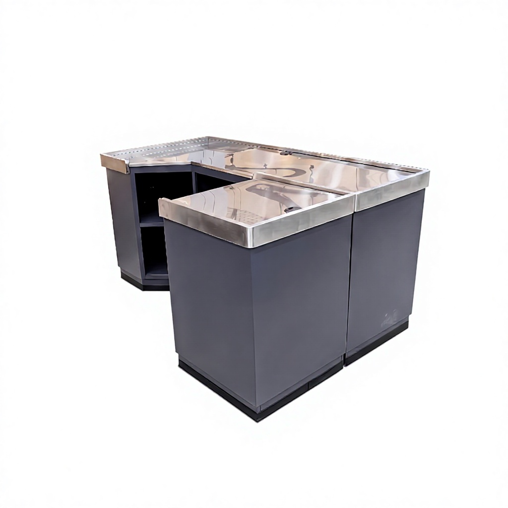 L-shaped Supermarket Checkout Counter with Stainless Steel Top
