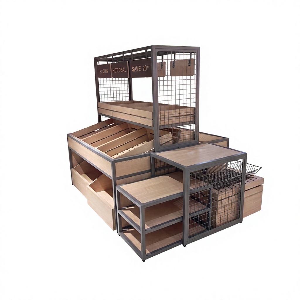 Industrial Metal Mesh Wood Grain Supermarket Fruit Vegetable Display Island