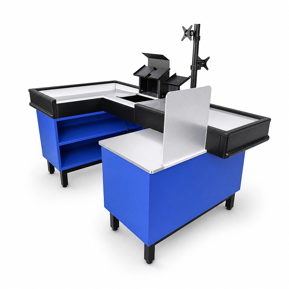 Blue Supermarket Checkout Counter, Retail Cash Register Desk with Monitor Stand
