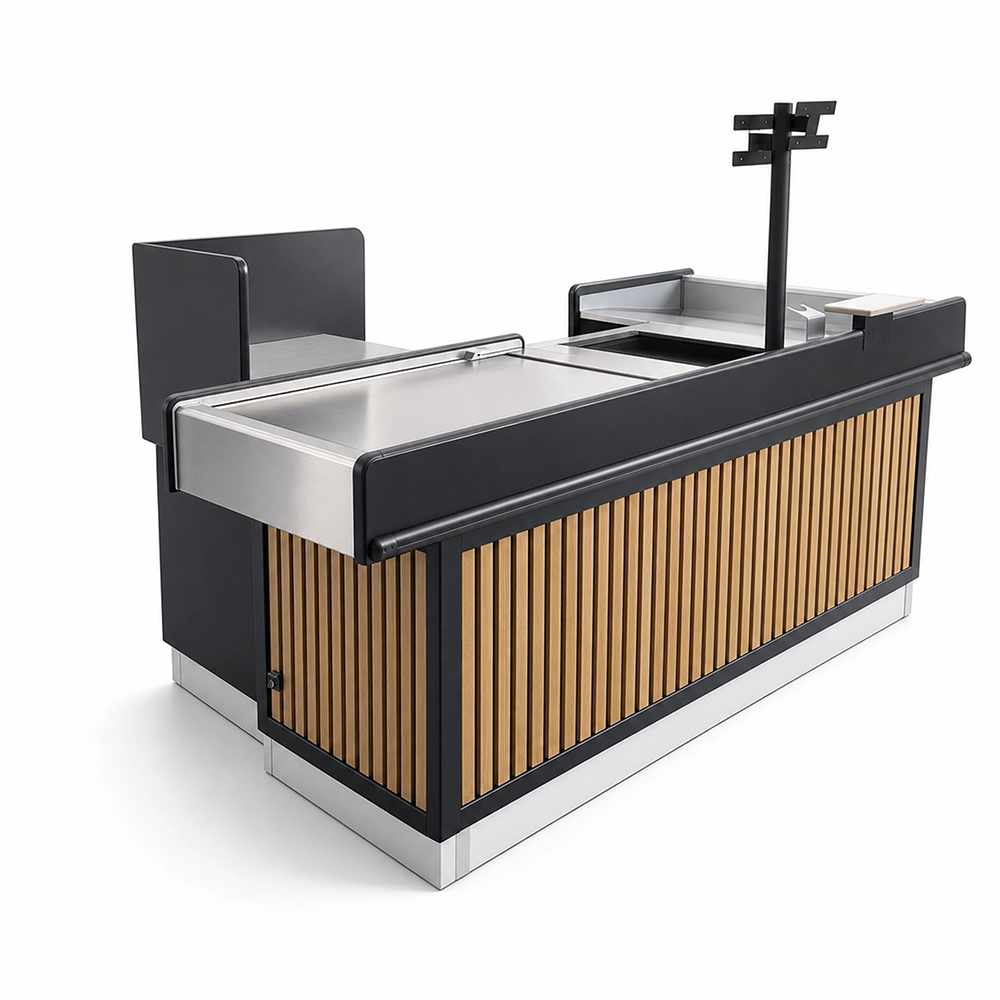 Modern Wooden Slat Supermarket Checkout Counter, Retail Cash Desk