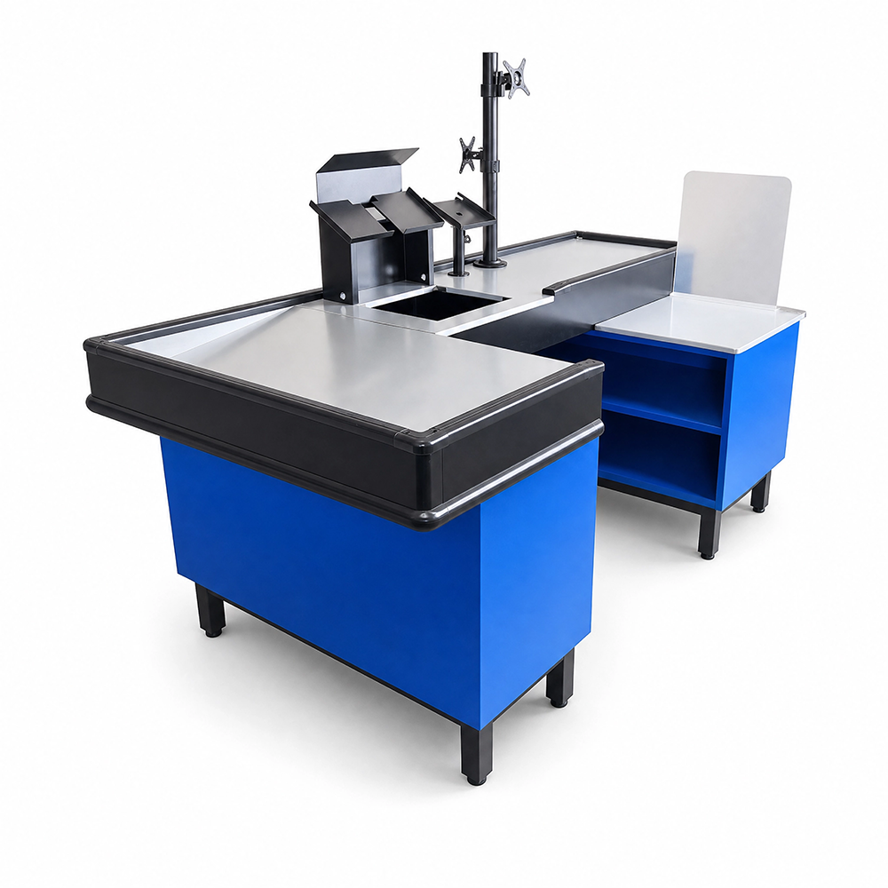 Blue Supermarket Checkout Counter, Retail Cash Register Desk with Monitor Stand