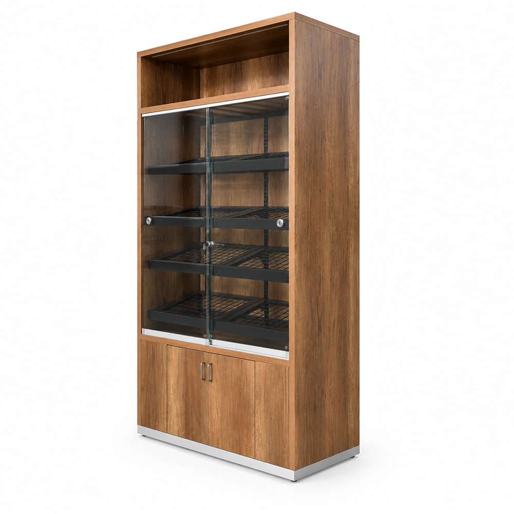 Wood Grain Bread Display Cabinet, Bakery Showcase with Lockable Glass Door
