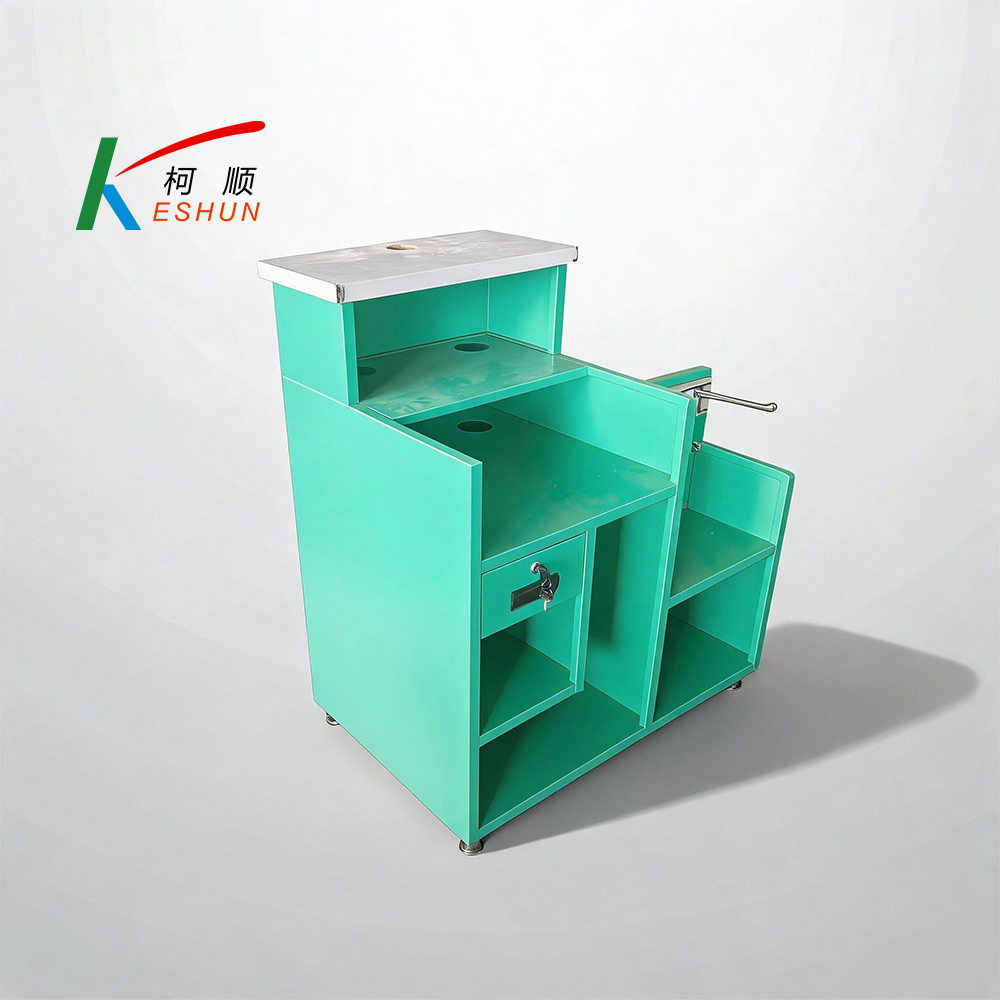 Small Supermarket Checkout Counter, Compact Retail Cashier Desk with Storage