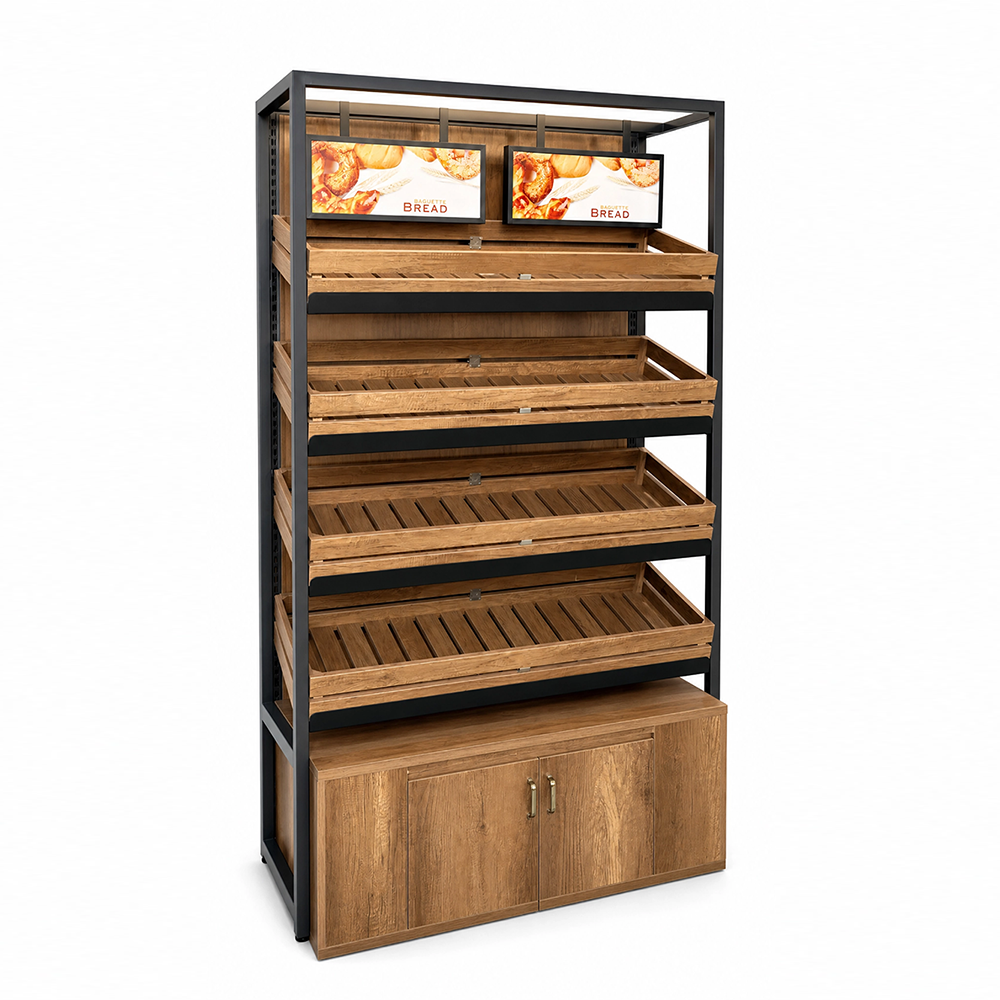 Steel Wood Bakery Bread Rack, Slatted Tilted Display Shelf with Cabinet
