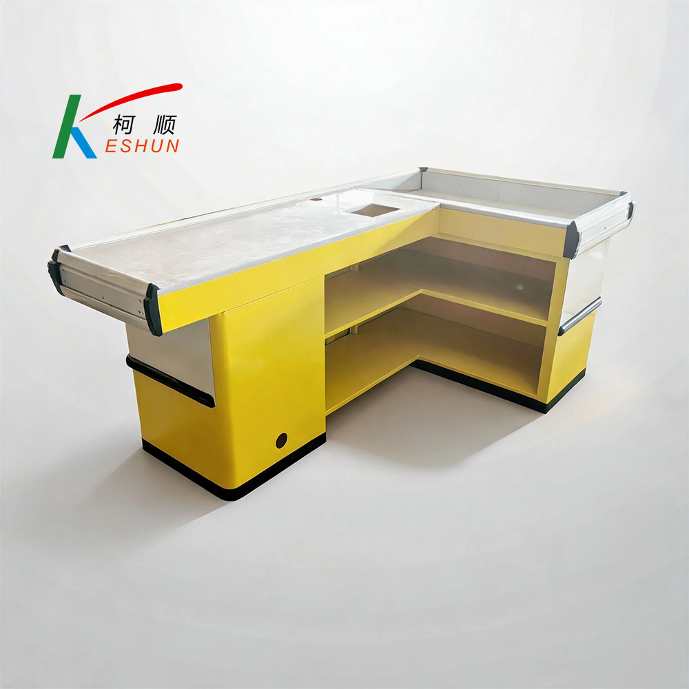 L Shape Supermarket Checkout Counter, Retail Corner Cashier Table