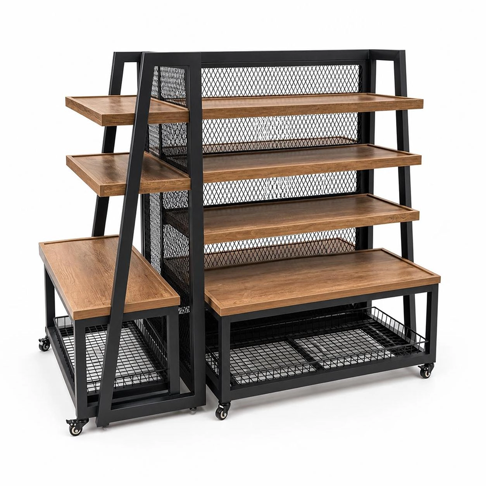 Mobile Steel Wood Display Rack, Mesh Back Retail Shelf with Wheels