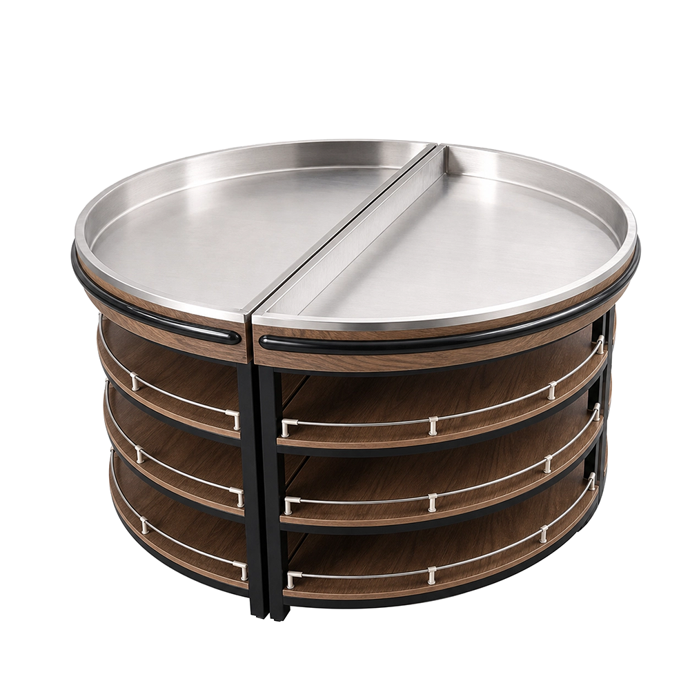Round Combined Produce Display Island, Stainless Steel Top Bulk Table
