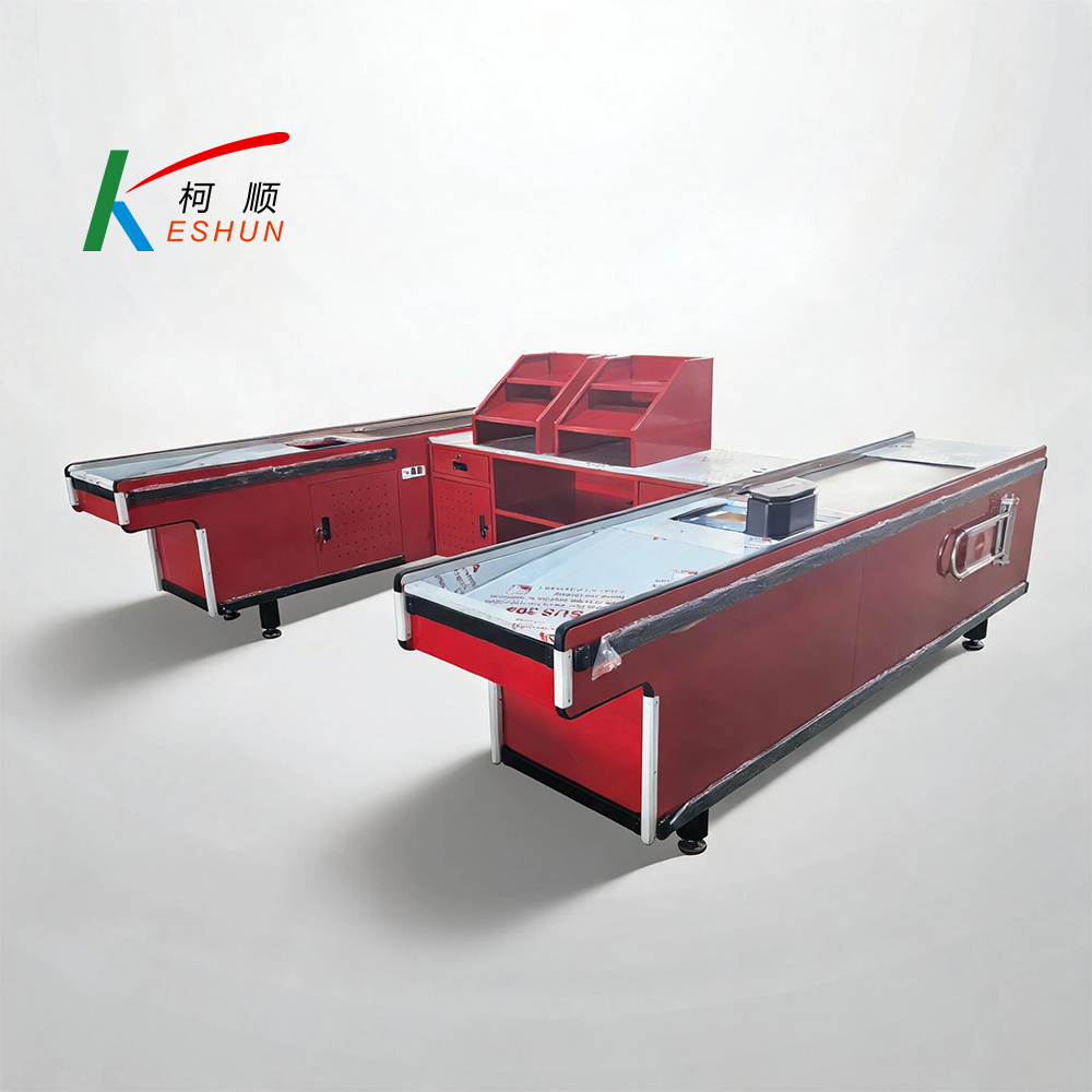 Red Supermarket Checkout Counter With Conveyor Belt, Cash Desk