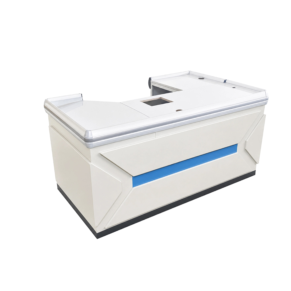 L-Shaped White Convenience Store Checkout Counter, Retail Cash Desk