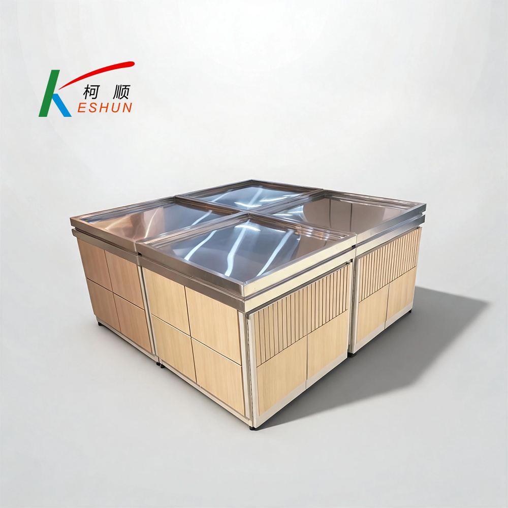 Supermarket Vegetable Display Island, Wood Grain Base & Stainless Steel Top