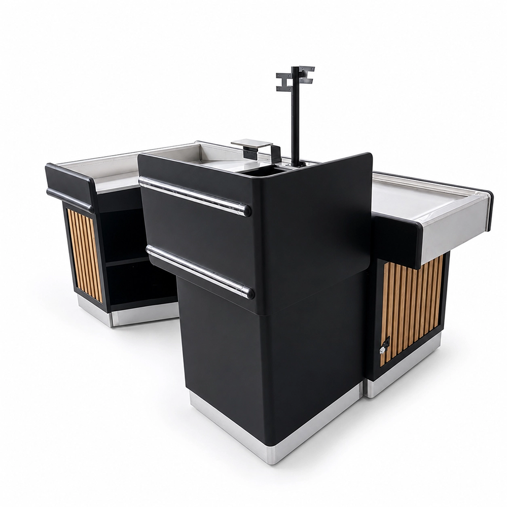 Modern Wooden Slat Supermarket Checkout Counter, Retail Cash Desk